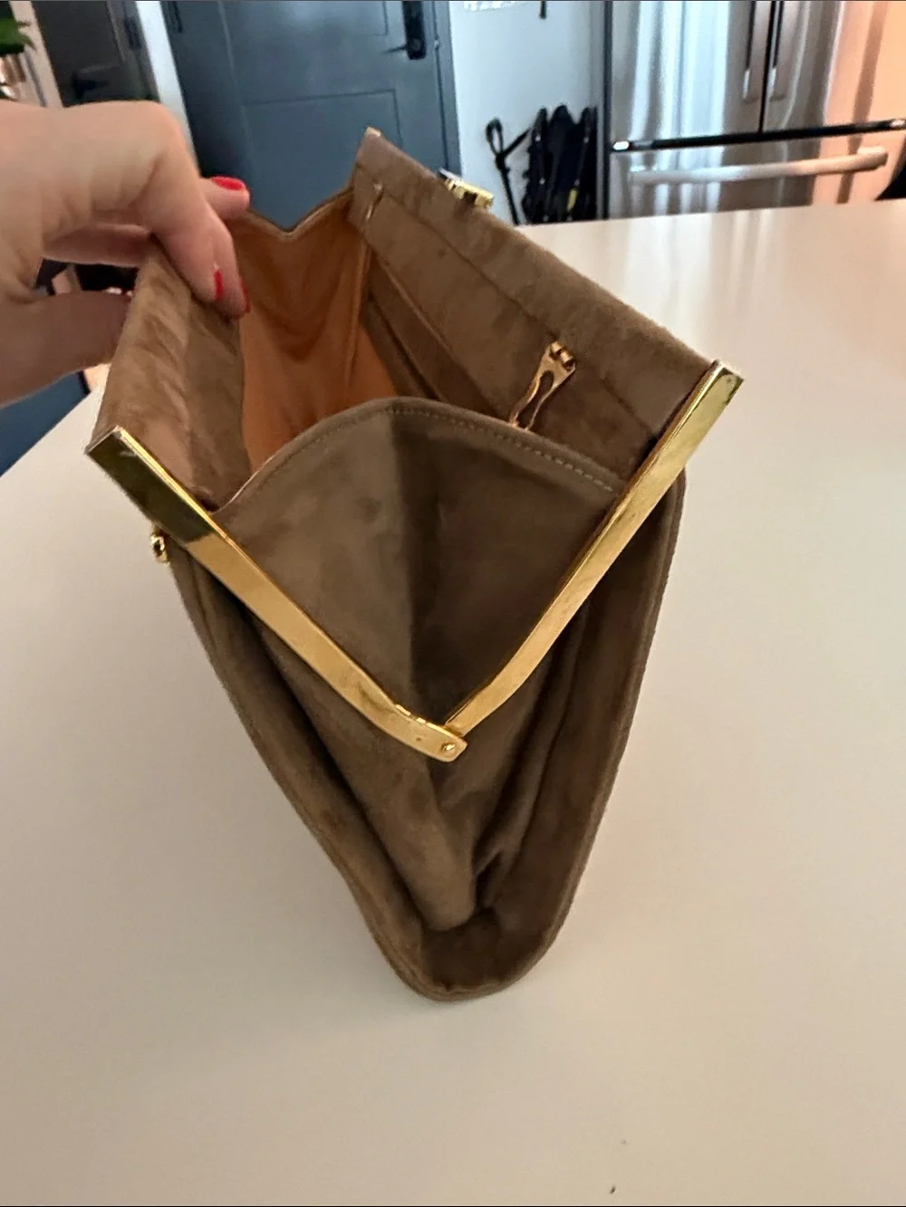 Brown Suede Clutch with Gold Accent